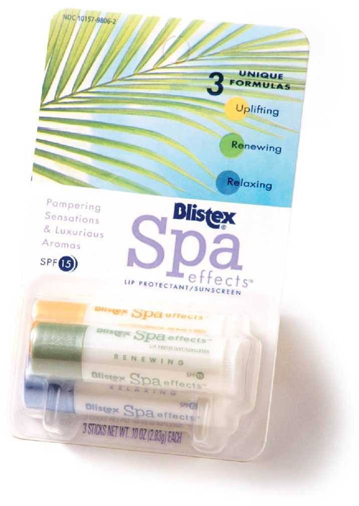 Blistex &mdash; Spa Effects &mdash; three formulas held on one blister card and sold as a single pack.