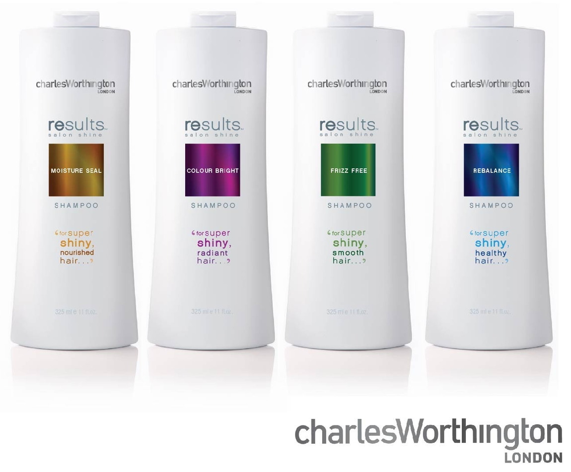 Charles Worthington &mdash; results salon shine &mdash; four shampoo variants, colour-coded under one London wordmark.