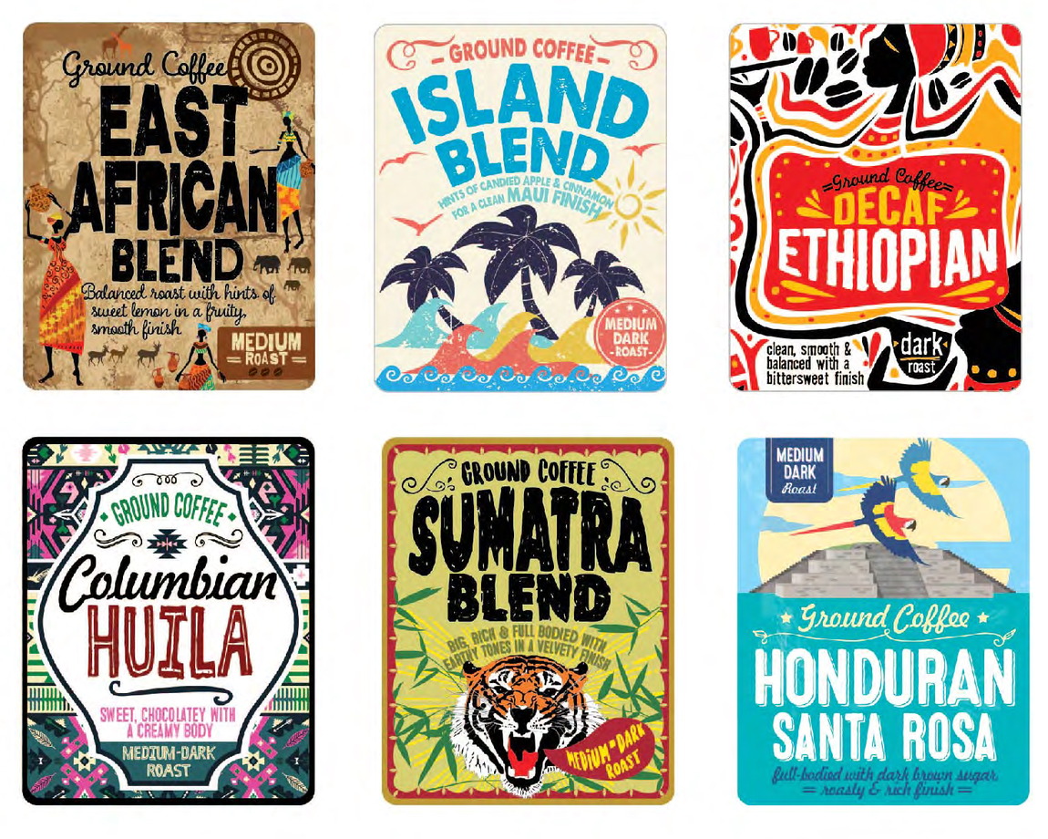 Coffee Labels &mdash; Six origin blends, each label illustrated in the idiom of the place the beans come from.
