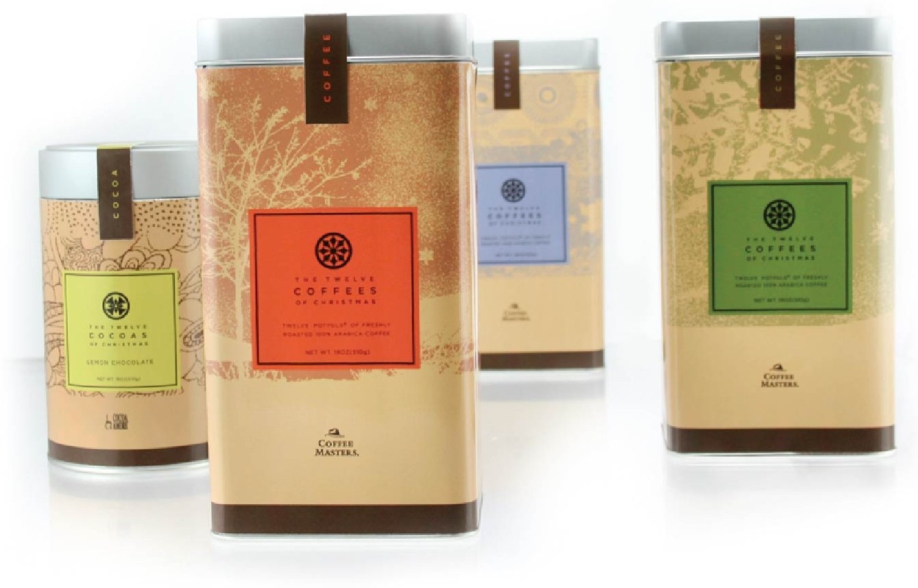 Coffee Masters &mdash; The Twelve Coffees of Christmas &mdash; square tins, a different illustrated pattern per variety under one badge.