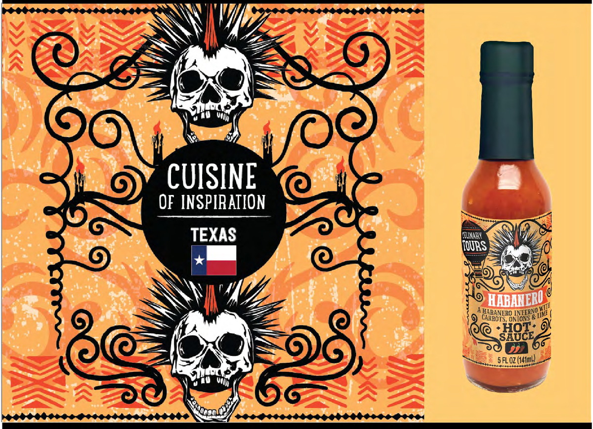 Cuisine of Inspiration &mdash; Hot sauce: an illustrated label system, a new drawing per variety inside one fixed badge and border.