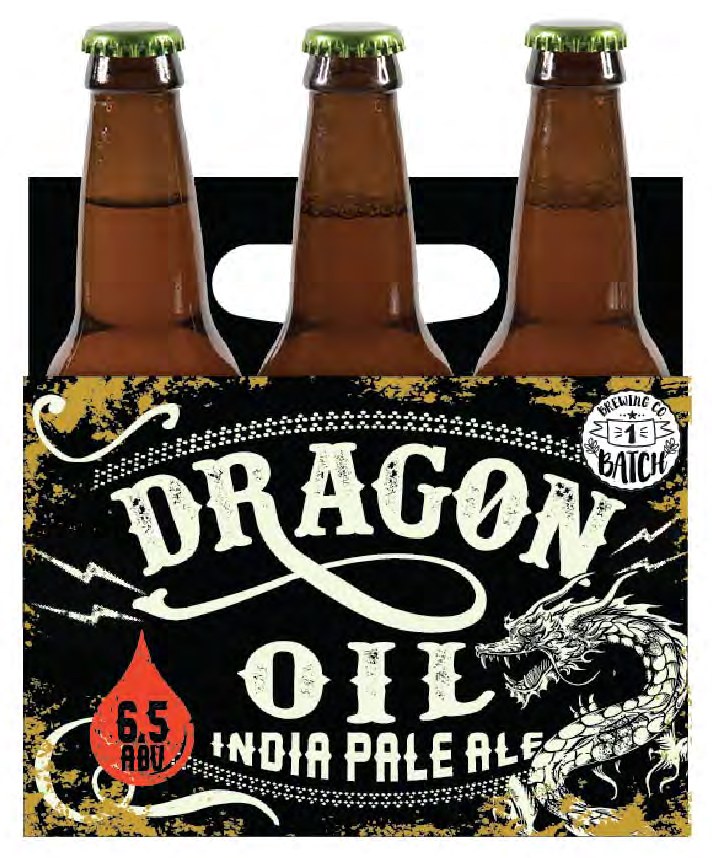 1 Batch &middot; Dragon Oil &mdash; Dragon Oil India Pale Ale &mdash; six-pack carrier, hand-lettered with a dragon engraving.