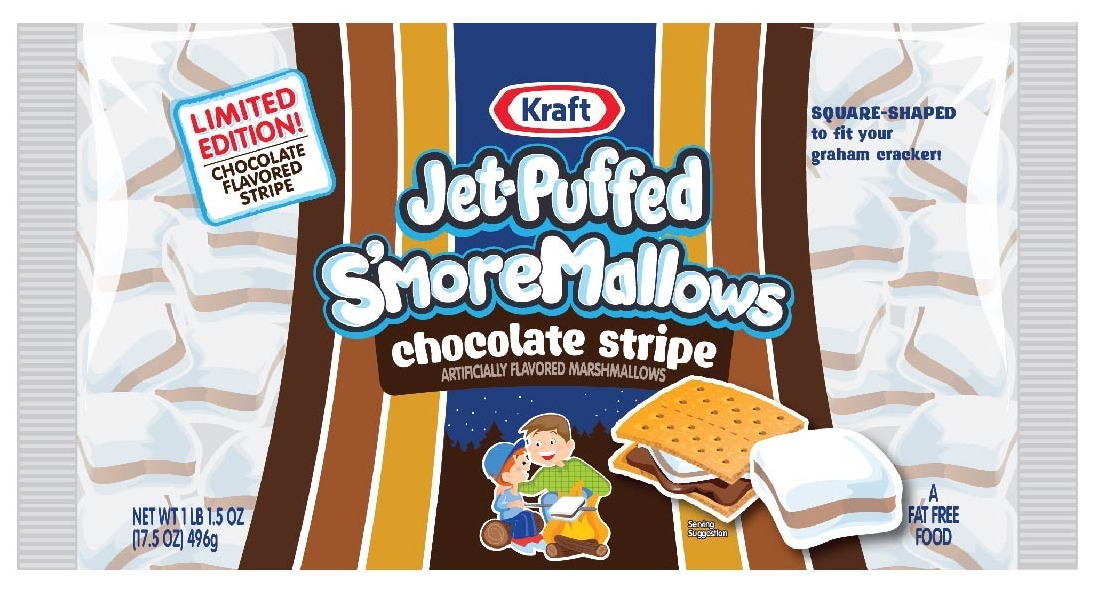 Kraft Jet-Puffed &mdash; S&rsquo;moreMallows limited edition: square marshmallows cut to fit a graham cracker, and a bag that says so.