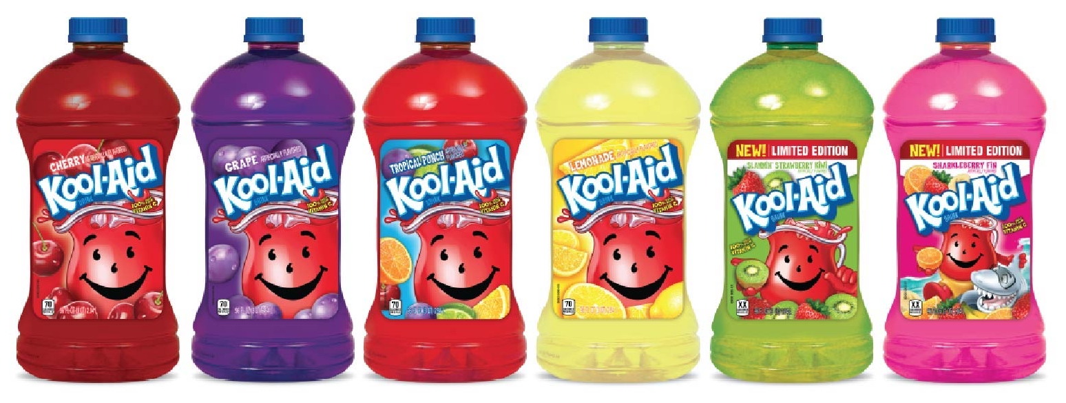 Kool-Aid &mdash; Six ready-to-drink bottle flavours, two of them limited editions, on one bottle and label system.