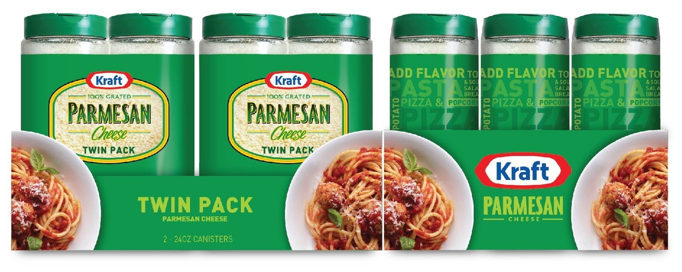 Kraft &mdash; Grated parmesan twin pack, together with the multipack carton the canisters ship in.