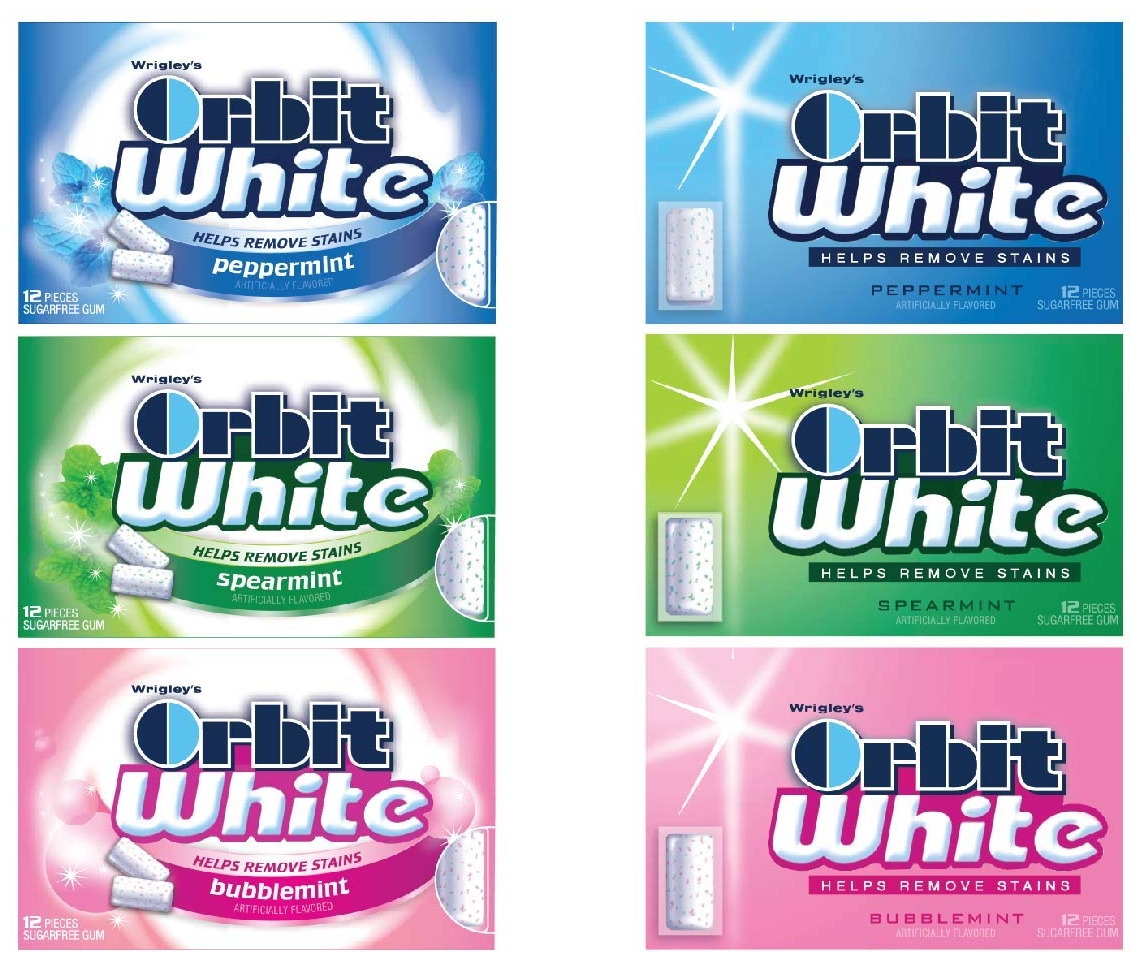 Orbit White &mdash; Two design routes for the same three flavours &mdash; peppermint, spearmint, bubblemint &mdash; shown side by side.