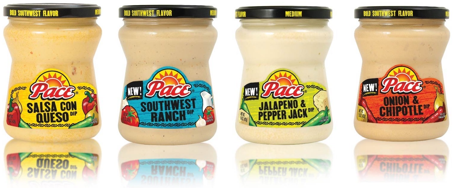 Pace dip jars grouped together &mdash; four jars, three of them new to the line, under one label system