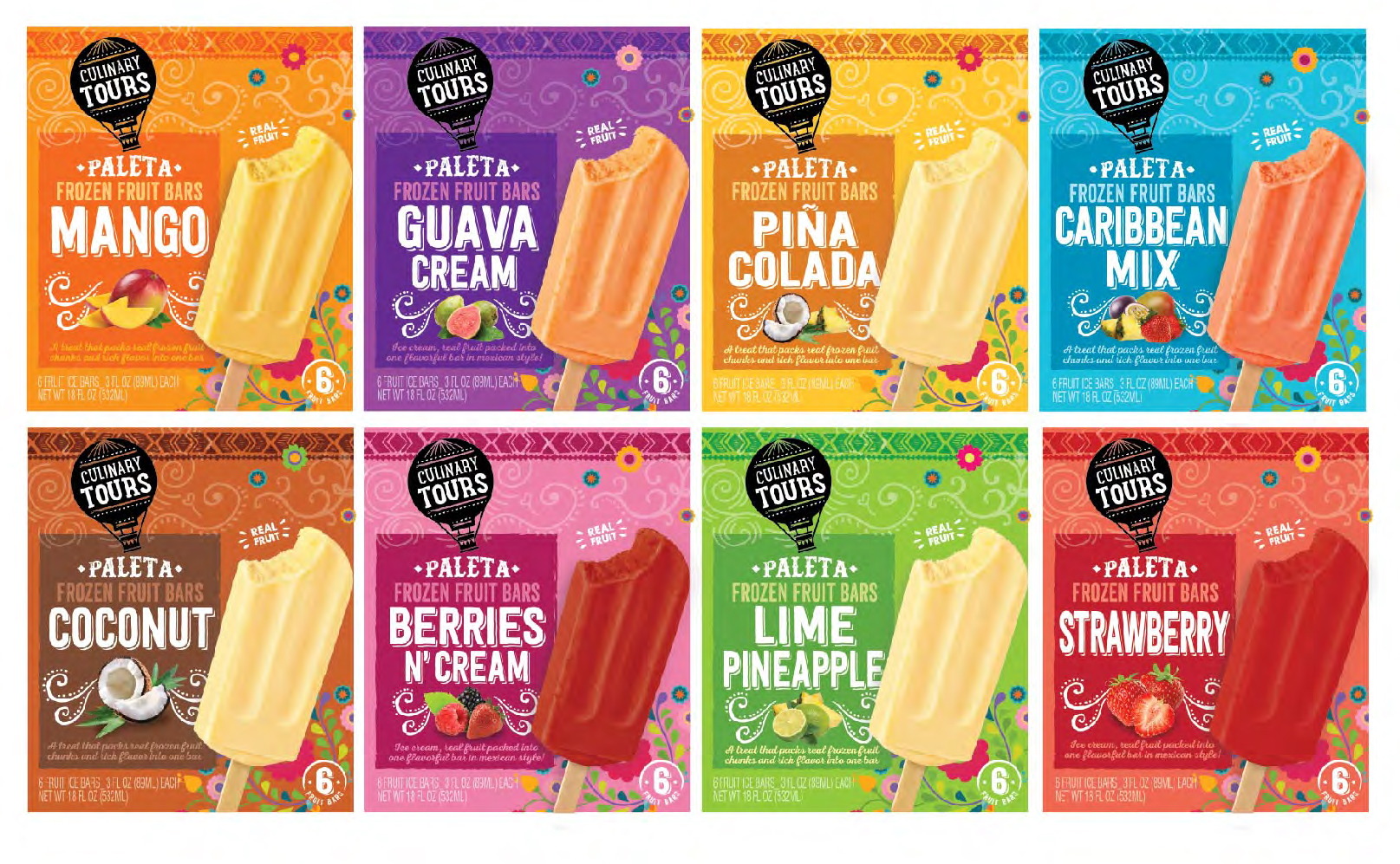 Culinary Tours &middot; Paleta &mdash; Eight-SKU frozen fruit bar range &mdash; a new pattern and palette for every flavour inside one fixed layout.