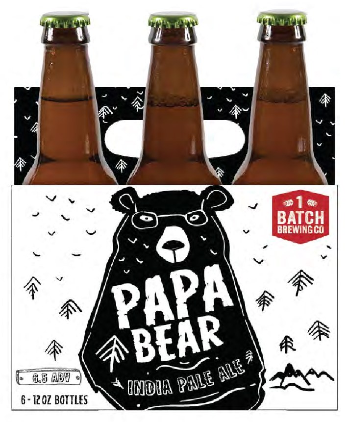1 Batch &middot; Papa Bear &mdash; Papa Bear India Pale Ale &mdash; six-pack carrier, black-and-white woodland illustration.