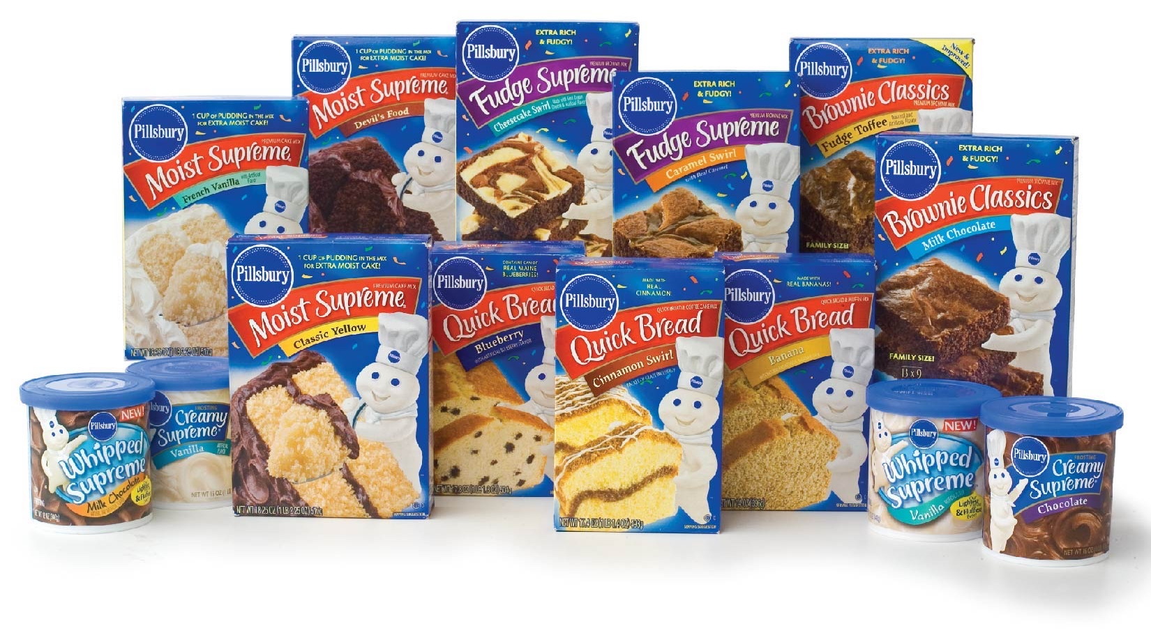 Pillsbury &mdash; Baking range &mdash; Moist Supreme and Fudge Supreme cake mixes, Brownie Classics, Quick Bread and frosting tubs, held together as one shelf set.