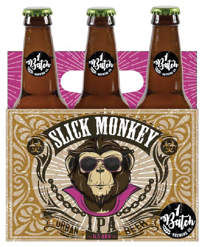 1 Batch &middot; Slick Monkey &mdash; Slick Monkey IPA &mdash; six-pack carrier, ornate gold and pink label illustration.