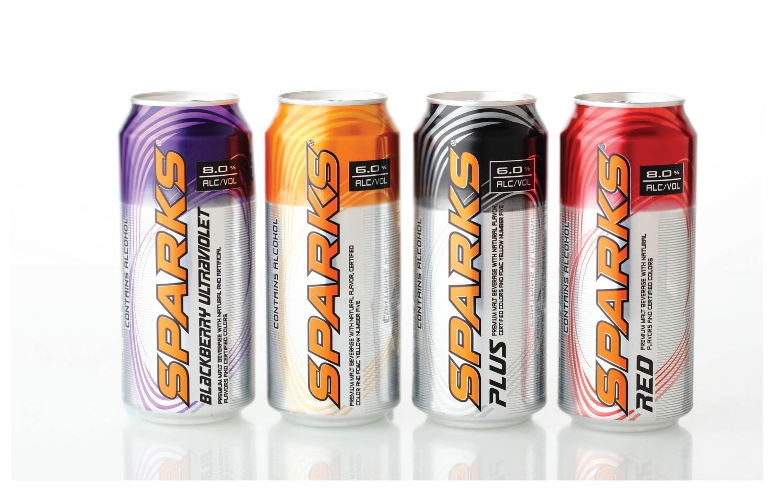 Sparks &middot; Molson Coors &mdash; Four variants across the line, each separated by colour over one shared silver can.