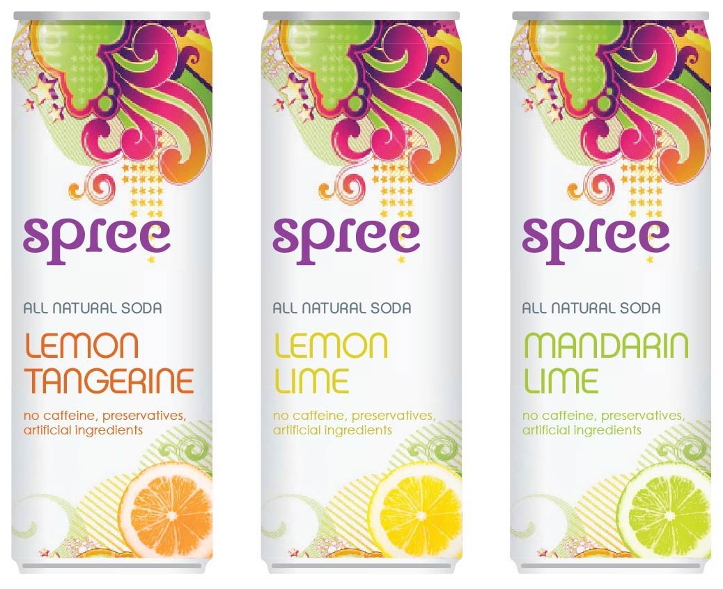 Spree &middot; Molson Coors &mdash; All-natural soda, three flavours on a tall slim can, one illustration carrying the whole range.