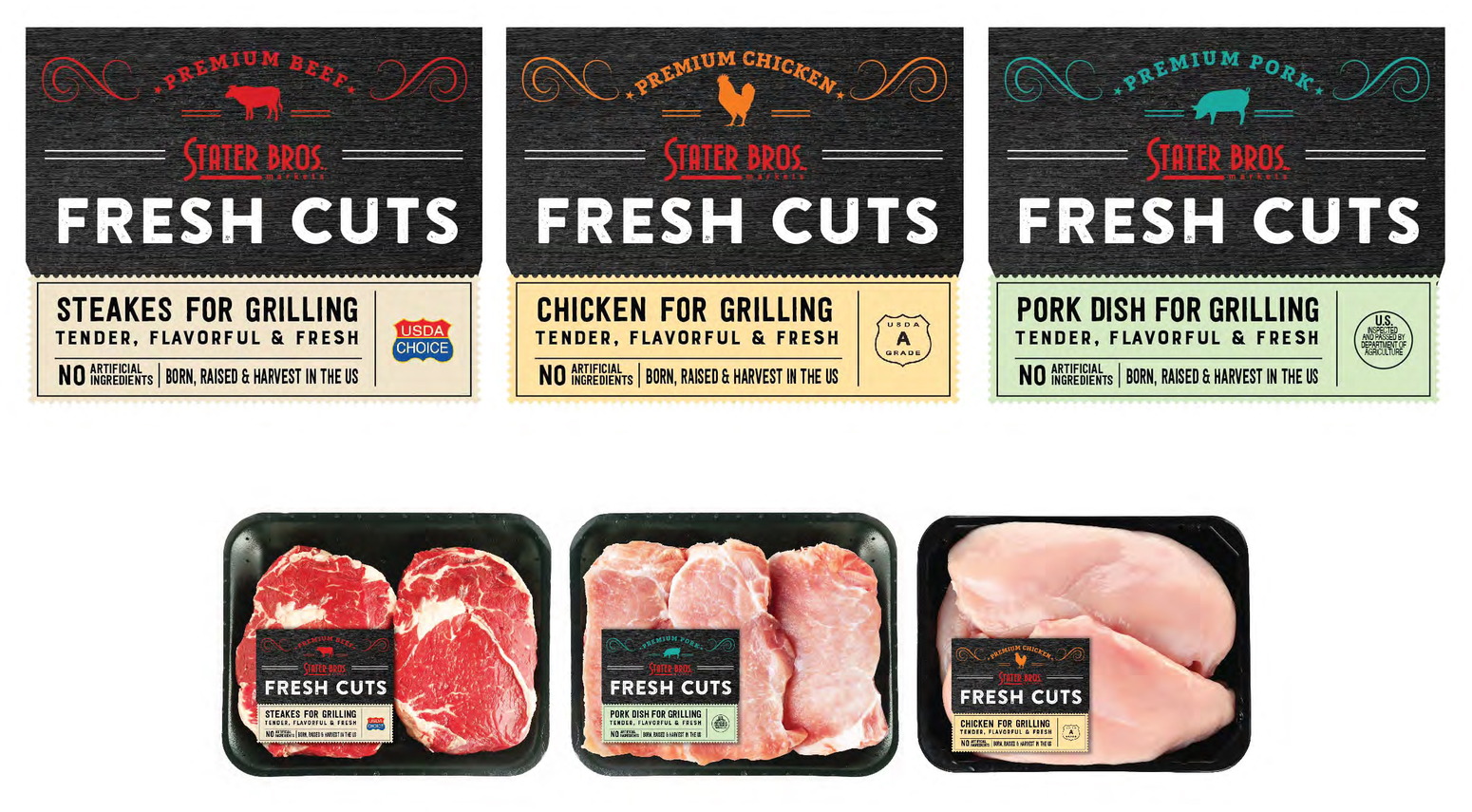 Stater Bros Markets &mdash; Fresh Cuts meat-case system &mdash; beef, chicken and pork labels, shown over the tray packs they land on.