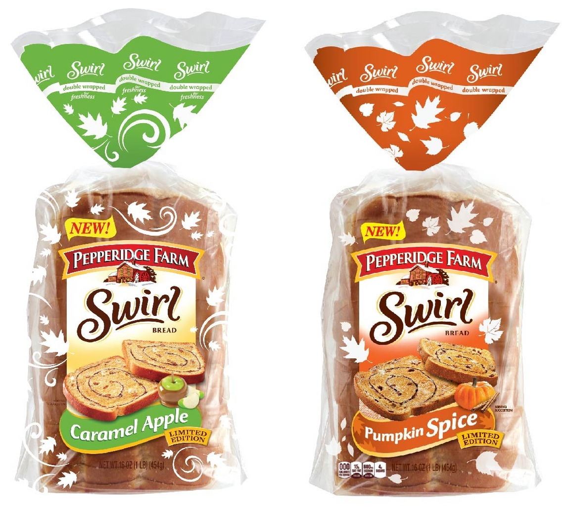 Pepperidge Farm &mdash; Swirl bread, two limited-edition autumn flavours &mdash; the bag graphic and the printed header worked together.