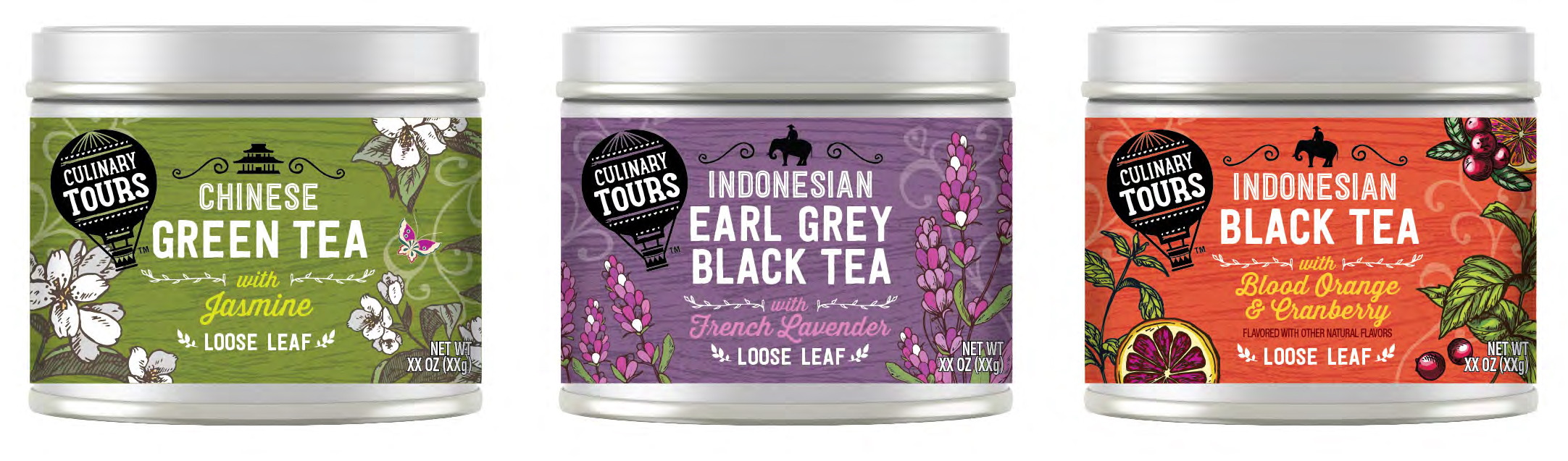 Culinary Tours &middot; Loose-leaf tea &mdash; Three cylindrical tins &mdash; a label that has to hold up wrapped, not flat.