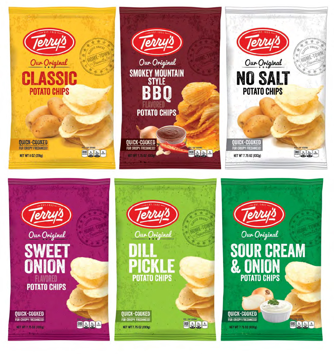 Terry&rsquo;s &mdash; Six-flavour potato chip wall. One bag architecture, with the flavour colour doing all the sorting.