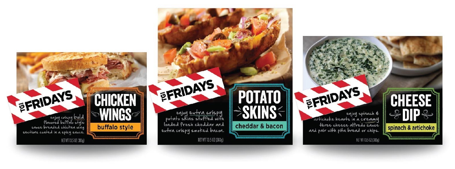 TGI Fridays &mdash; Frozen appetiser cartons &mdash; wings, potato skins, cheese dip &mdash; one window-and-banner structure across the set.