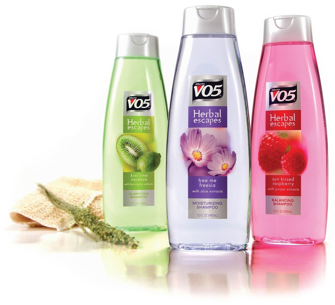 Alberto VO5 &mdash; Herbal Escapes &mdash; three shampoo variants, each one given its own botanical and its own colour.
